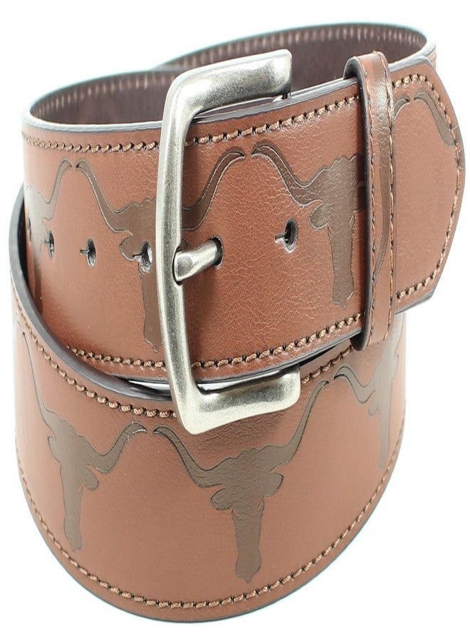 BC Belts حزام من جلد ثور لونغ هورن من بي سي بيلتس مع مشبك معدني بعرض 1.5 بوصة مزود بأزرار كبس - قرن ثور غربي (بني - مقاس كبير) - Image 2